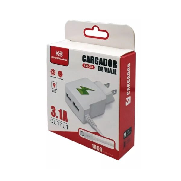 Cargador Kingboard Con Cable Micro USB V8 y Dos Puertos USB