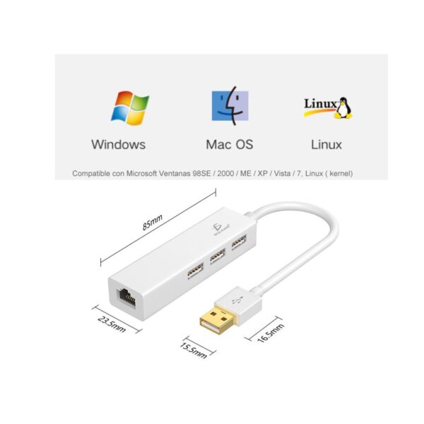 Adaptador Hub 3 Puertos USB mas Puerto Ethernet RJ45 Ideal para Laptop