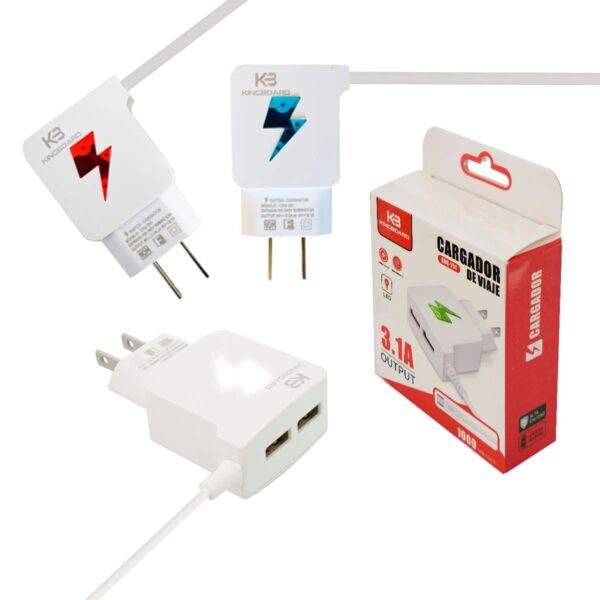 Cargador Kingboard Con Cable Micro USB V8 y Dos Puertos USB