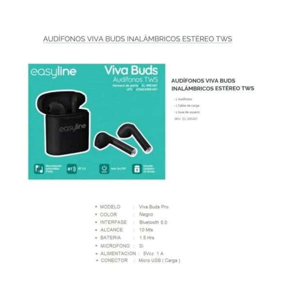 Easy Line Audífonos Manos Libres  Viva Buds Pro TWS Bluetooth Negro