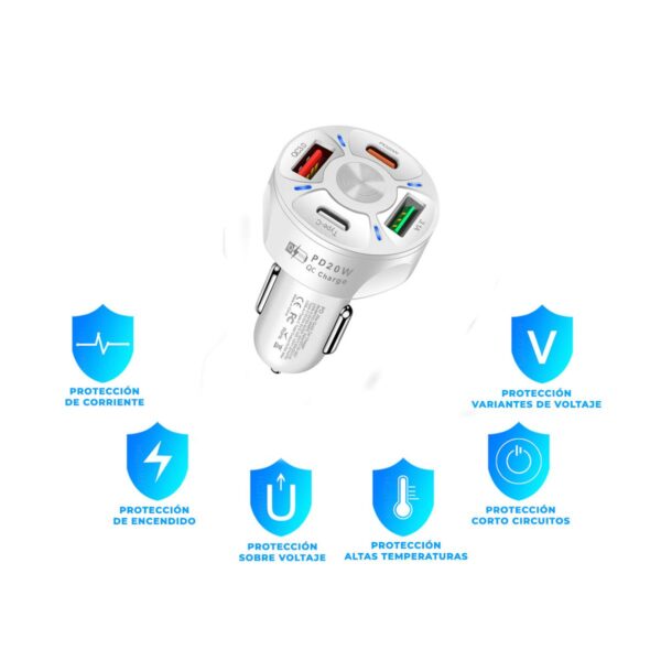 Multicargador de Celular Para Automovil QC3.0 PD 20W USB3.1A Tipo C
