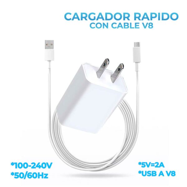 Combo Cable y Cargador 5V 2A Micro Usb V8