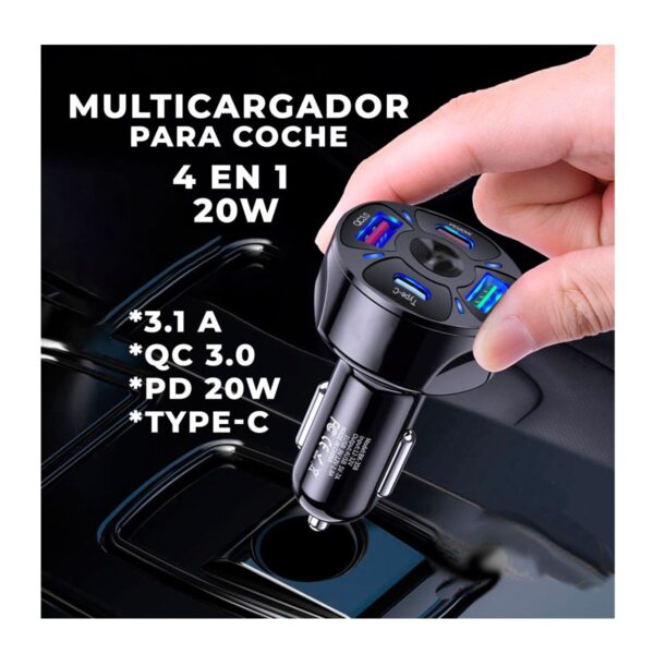 Multicargador de Celular Para Automovil QC3.0 PD 20W USB3.1A Tipo C