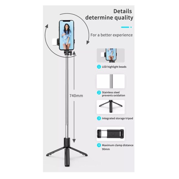 Baston Selfie Stick Con Luz Obturador Remoto Via Bluetooth Función Tripie