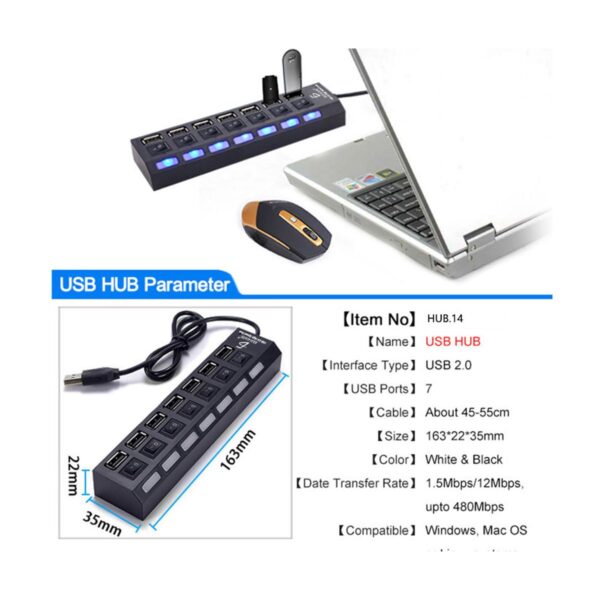 Hub USB 2.0 7 Puertos Con Interruptores Individuales Para PC o Laptop
