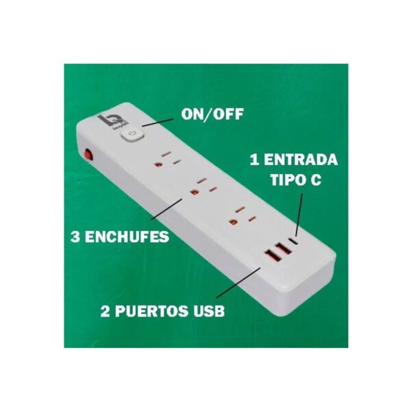 Barra Multicontacto 4 Enchufes, 2 Puertos USB Y 1 Puerto Tipo C