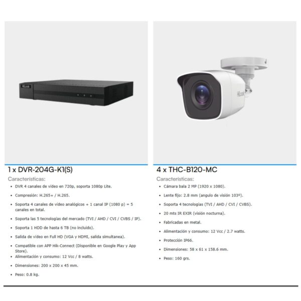 Kit de 4 Cámaras Metálicas Interior o Exterior y DVR de 4 canales + 1 IP HiLook  de HIKVISION