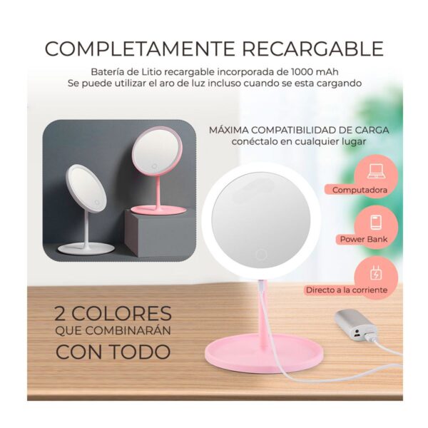 Espejo De Maquillaje Con Luz LED 3 Tonos Recargable