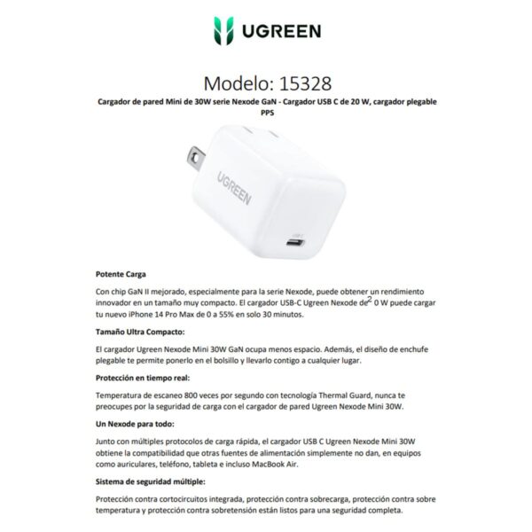 Ugreen Cargador Mini de 20W Serie Nexode Equipo Certificado Para Samsung y Apple