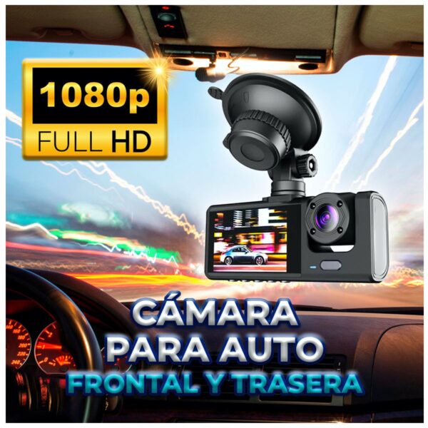 Dashcam Cámara DVR para Auto con Triple Lente Grabación HD 1080P Frontal Interior y Reversa