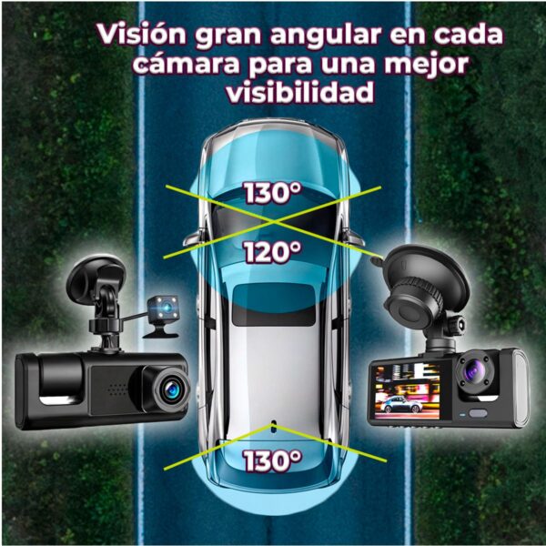 Dashcam Cámara DVR para Auto con Triple Lente Grabación HD 1080P Frontal Interior y Reversa