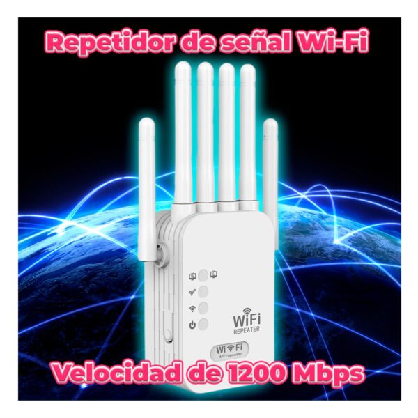 Repetidor Extensor de Señal WiFi de 1200 Mbps con 6 Antenas y Tecnología Dual Band 2.4 GHz + 5 GHz