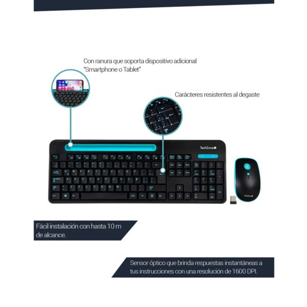 TechZone Kit Inalámbrico USB Teclado Español + Mouse Óptico 1600 DPI