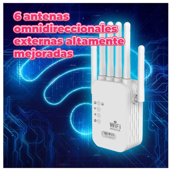 Repetidor Extensor de Señal WiFi de 1200 Mbps con 6 Antenas y Tecnología Dual Band 2.4 GHz + 5 GHz