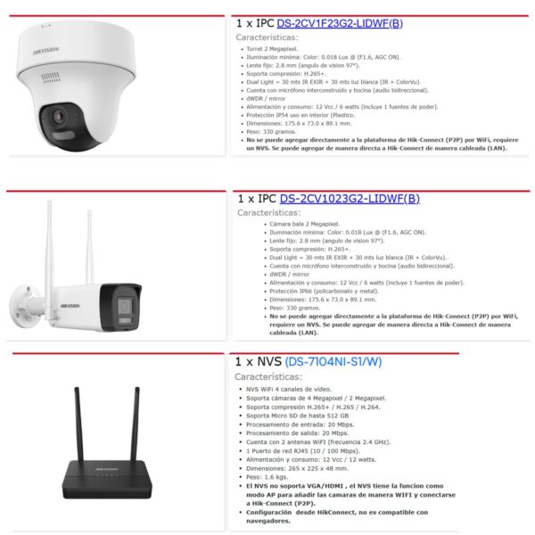 Kit de Videovigilancia IP Inalámbrico Hikvision 2MP 1 Cámara Bala + 1 Domo Audio Bidireccional WiFi H.265+