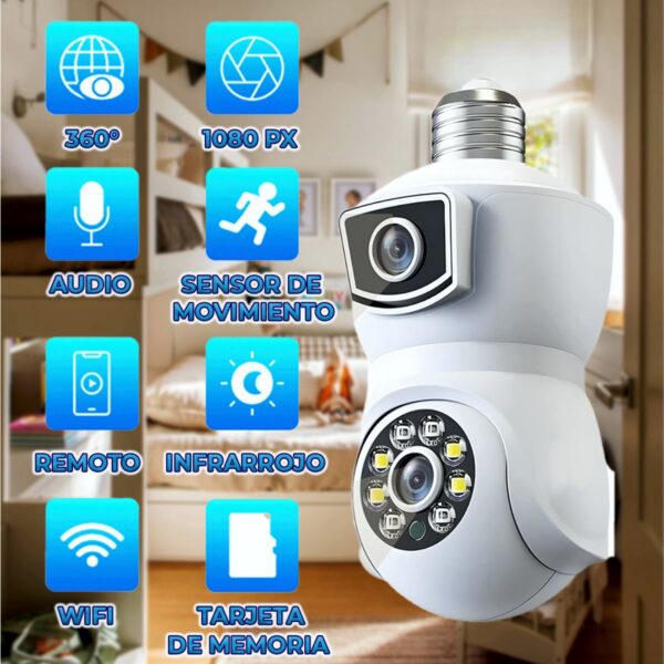 Cámara Dual de Seguridad Tipo Foco 4MP con Socket E27 – Visión Nocturna, IP66, Instalación Rápida