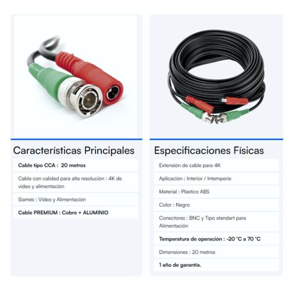 Epcom Powerline Cable Coaxial Siamés BNC RG59 + Alimentación 20m  Para Cámaras 4K Interior/Exterior