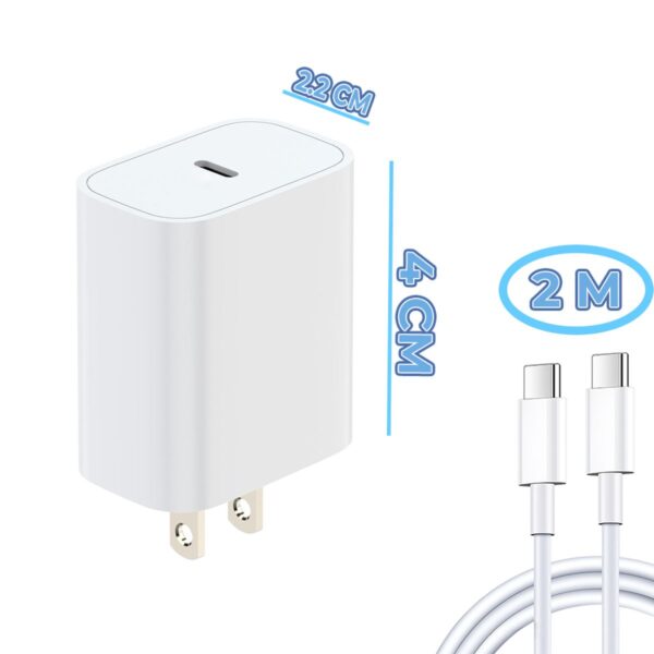 Kit Cargador Tipo C 20W + Cable USB-C a USB-C de 2m Carga Rápida y Protección Inteligente