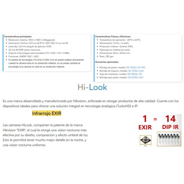 Hilook Camara Domo TurboHD 2mpx 1080p Lente 2.8 mm 20 mts IR EXIR TVI-AHD-CVI-CVBS IP66 Metal