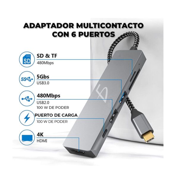 Hub Adaptador 6 en 1 – USB-C con HDMI 4K, USB 3.0, SD/MicroSD Carga Rápida hasta 100W y Alta Compatibilidad
