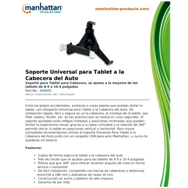 Soporte para Tablet Manhattan Compatible con 8.9" a 10.4" Montaje en Cabecera de Auto