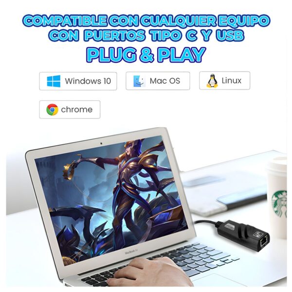 Adaptador Ethernet USB-C a Gigabit 10/100/1000 Mbps Compatible con PC, Notebook y Mac