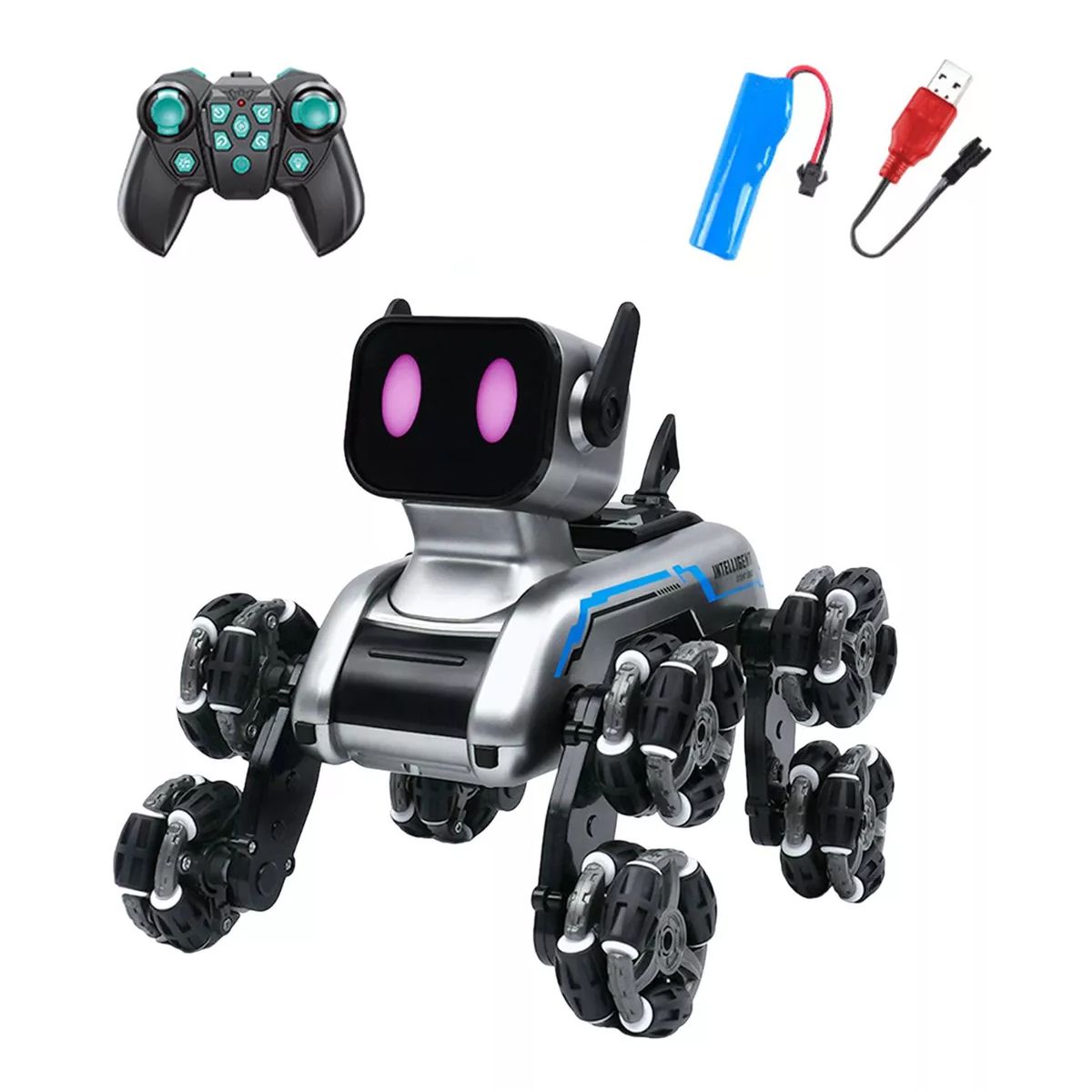 Robot de Juguete RC Perro 8WD Control Remoto, Luces LED RGB, Sonido y Efecto de Humo