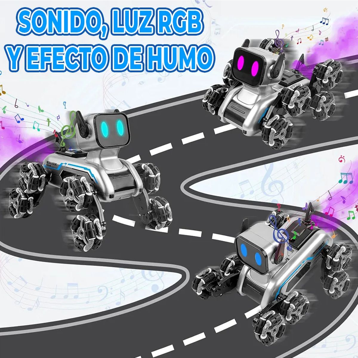 Robot de Juguete RC Perro 8WD Control Remoto, Luces LED RGB, Sonido y Efecto de Humo