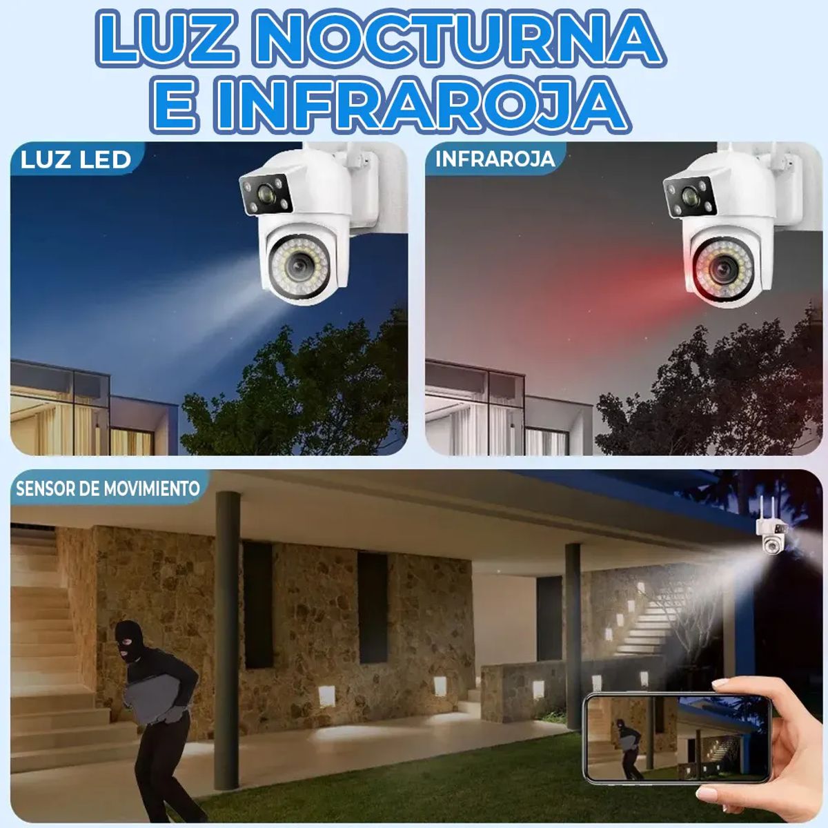 Cámara de Seguridad Exterior WiFi 2.4GHz 360° PTZ 4MP HD Visión Nocturna a Color y Audio Bidireccional