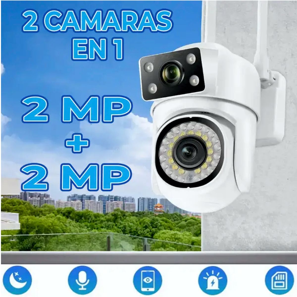 Cámara de Seguridad Exterior WiFi 2.4GHz 360° PTZ 4MP HD Visión Nocturna a Color y Audio Bidireccional