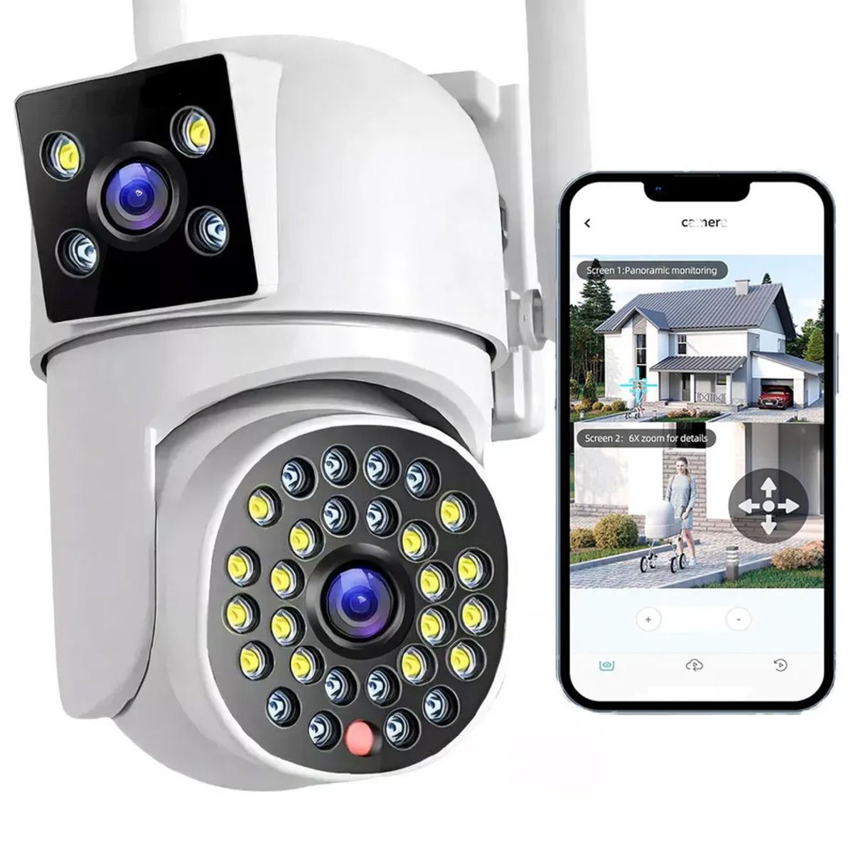 Cámara de Seguridad Exterior WiFi 2.4GHz 360° PTZ 4MP HD Visión Nocturna a Color y Audio Bidireccional