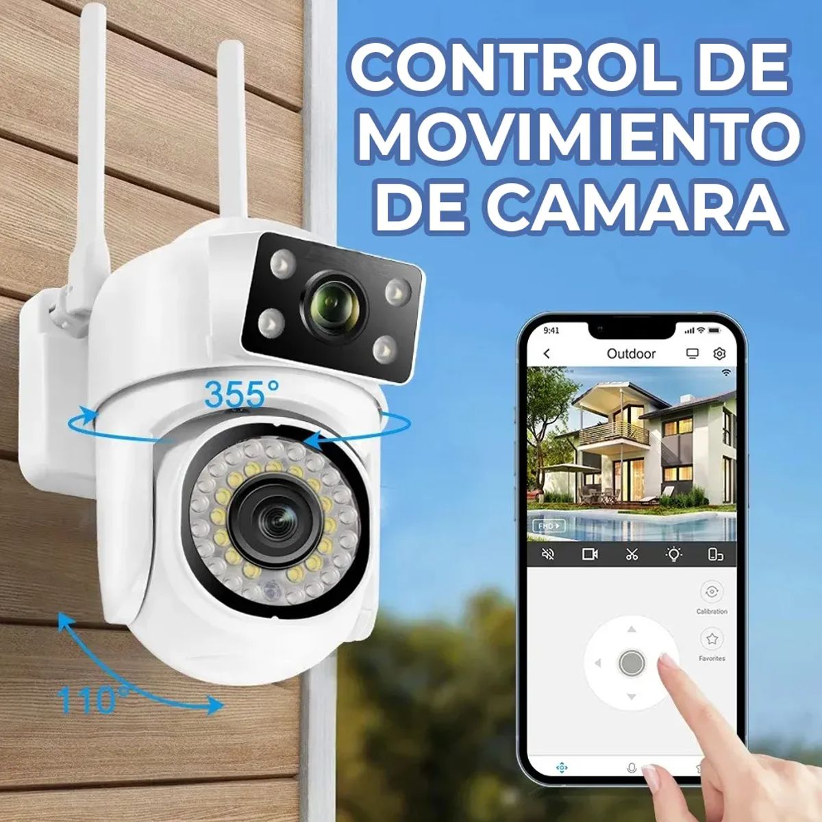Cámara de Seguridad Exterior WiFi 2.4GHz 360° PTZ 4MP HD Visión Nocturna a Color y Audio Bidireccional