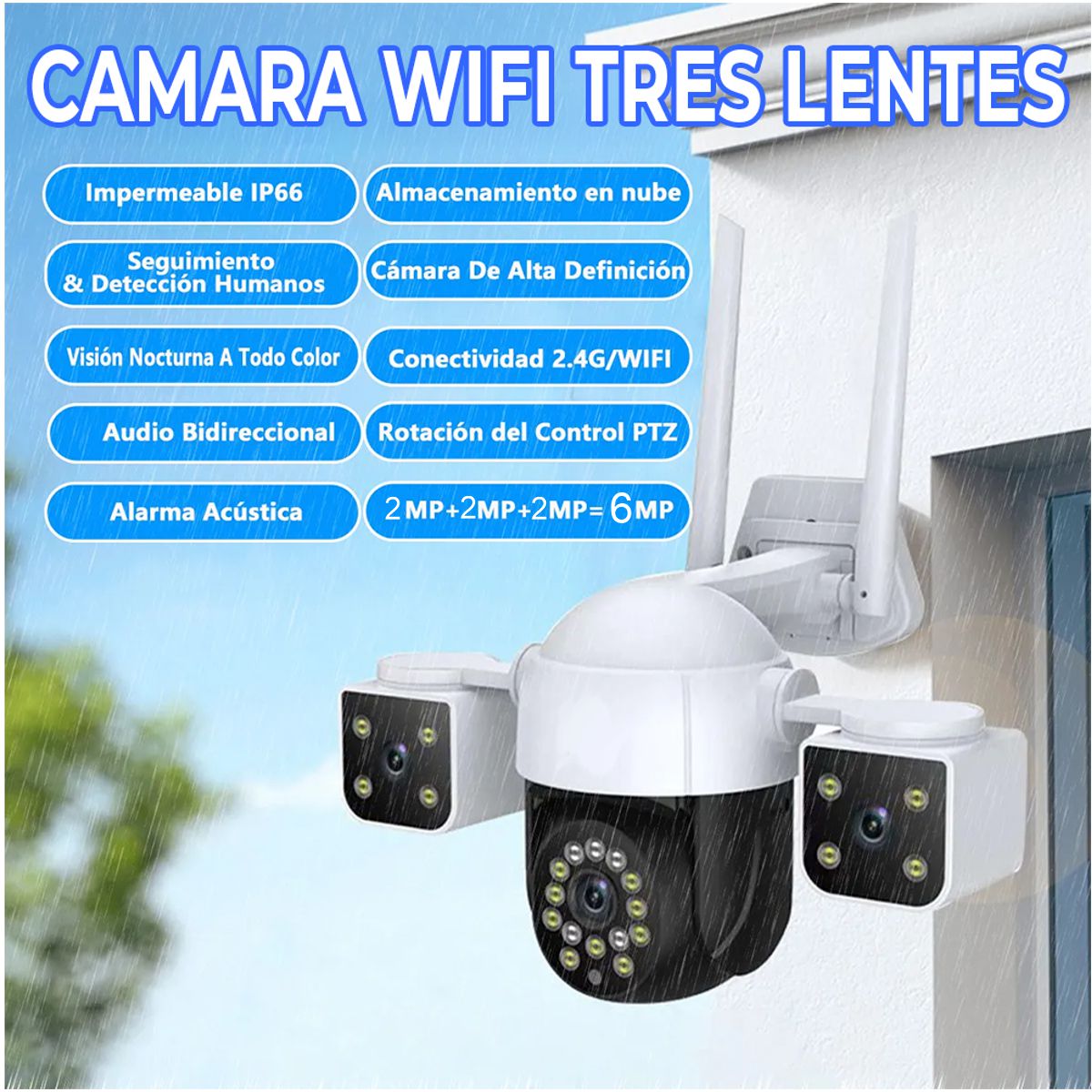 WEB.793 Cámara de Seguridad WiFi 2.4 GHz 360° con 3 Lentes 6MP HD Exterior Impermeable