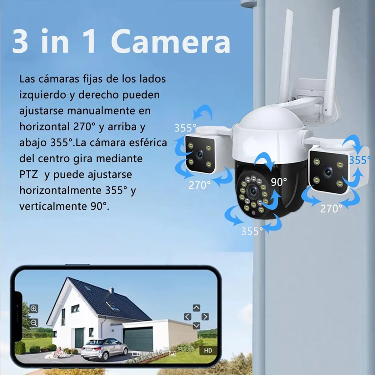 WEB.795 Cámara de Seguridad WiFi 2.4 GHz 360° con 3 Lentes 6MP HD Exterior Impermeable