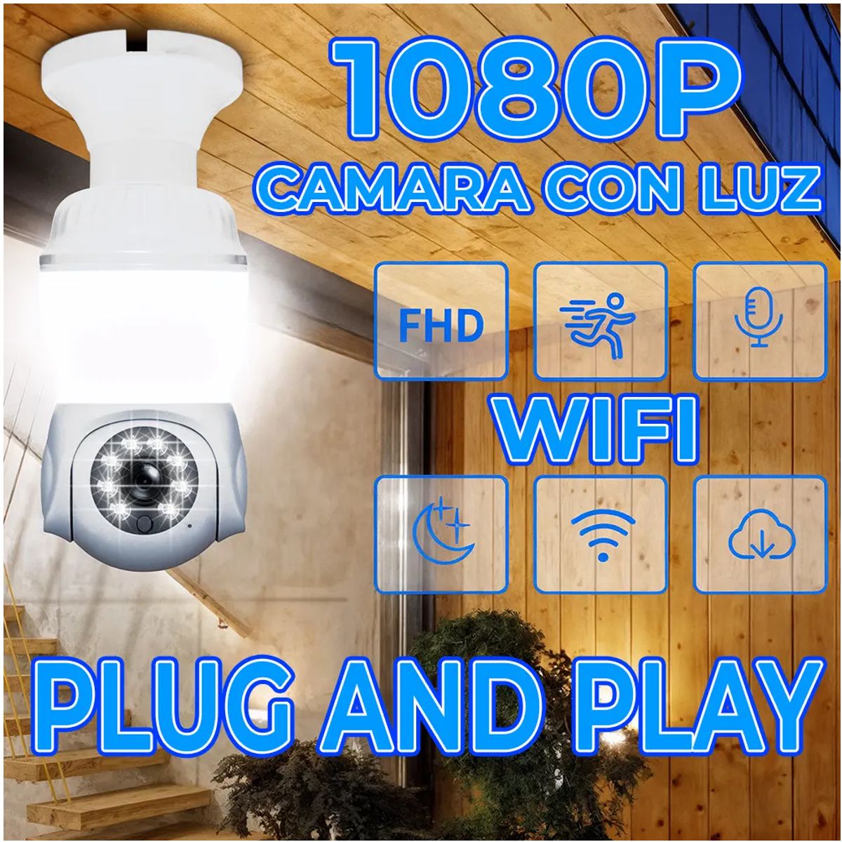 Foco LED Inteligente con Cámara WiFi 2.4GHz 1080P HD 355° PTZ Visión Nocturna y Detección de Movimiento