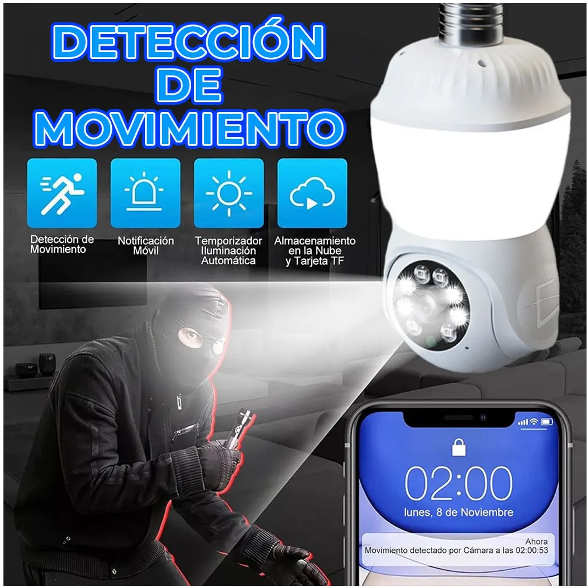 Foco LED Inteligente con Cámara WiFi 2.4GHz 1080P HD 355° PTZ Visión Nocturna y Detección de Movimiento