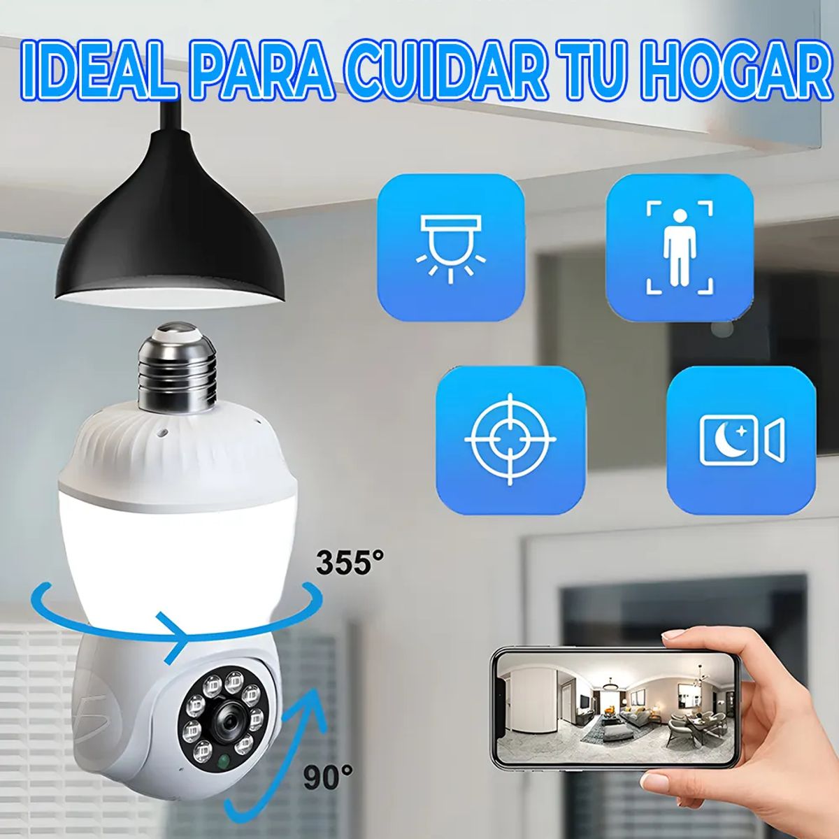 Foco LED Inteligente con Cámara WiFi 2.4GHz 1080P HD 355° PTZ Visión Nocturna y Detección de Movimiento