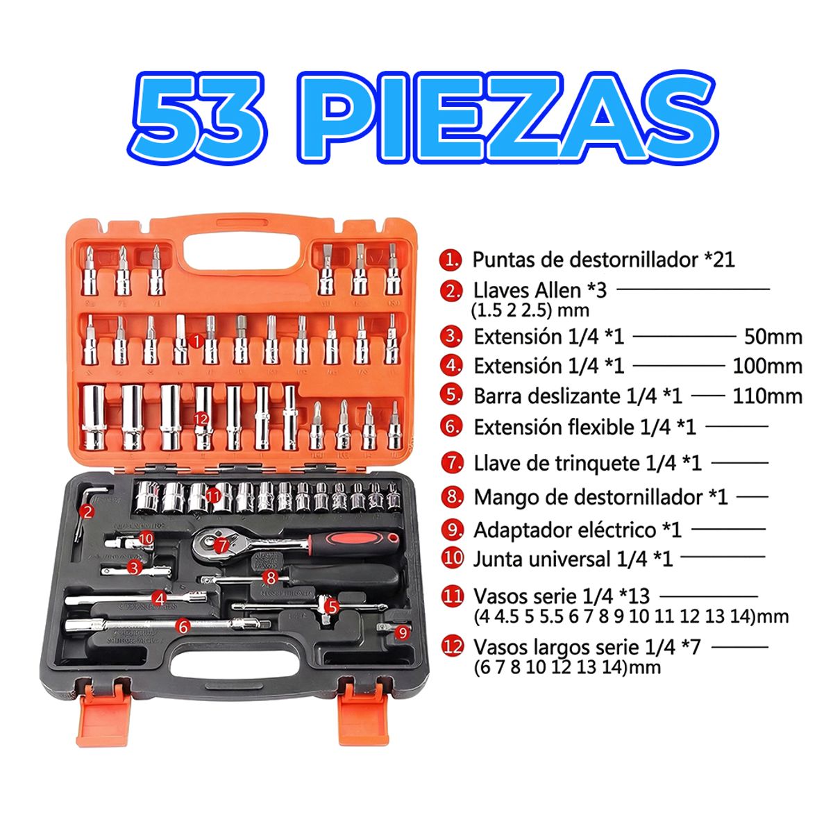 Kit de Herramientas Completo 53 Piezas con Estuche Portátil Reparaciones en Hogar, Oficina y Automóvil