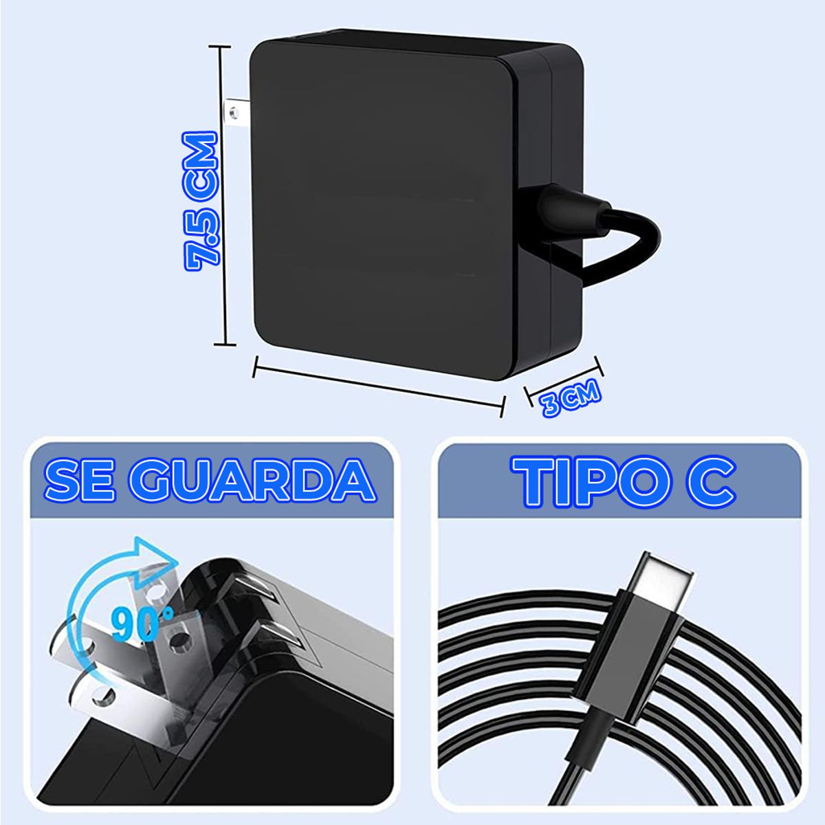 Adaptador Universal 100W Tipo-C Cuadrado Carga Rápida y Segura para Laptops y Celulares y Otros Dispositivos