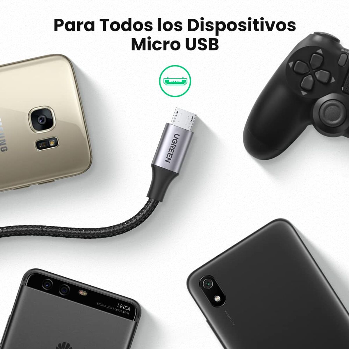 Ugreen Cable USB-A a Micro USB de 1 Metro  Carga Rápida QC 3.0/2.0 hasta 18W  Nylon Trenzado y Alta Durabilidad