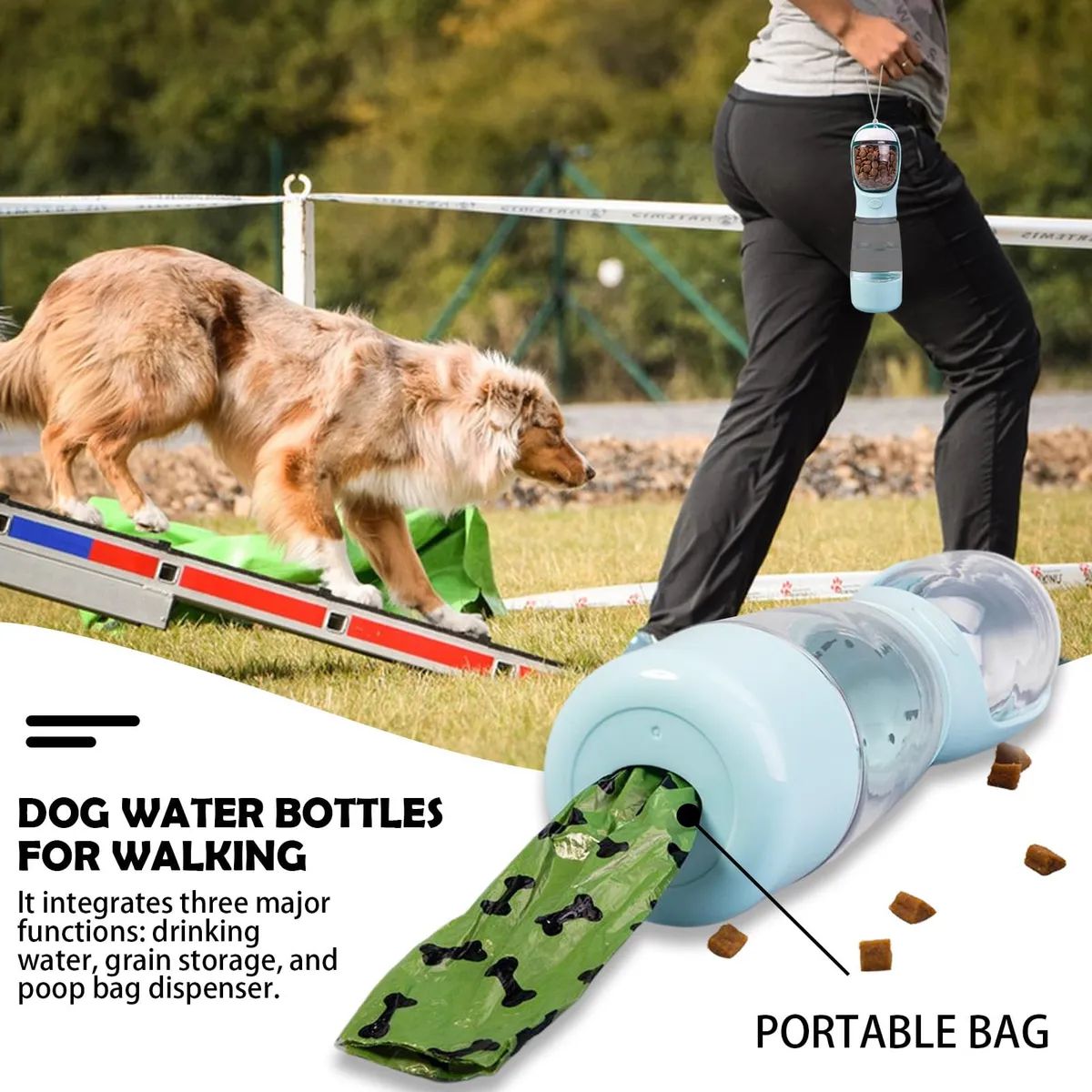 Botella Portátil 3 en 1 para Perros Agua Fresca, Plato Plegable y Porta Bolsas Ideal para Paseos y Viajes