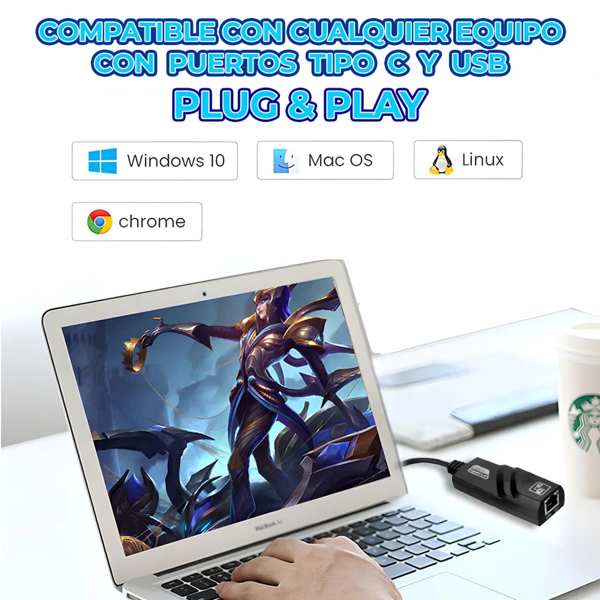Adaptador Ethernet USB-C a Gigabit 10/100/1000 Mbps Compatible con PC, Notebook y Mac
