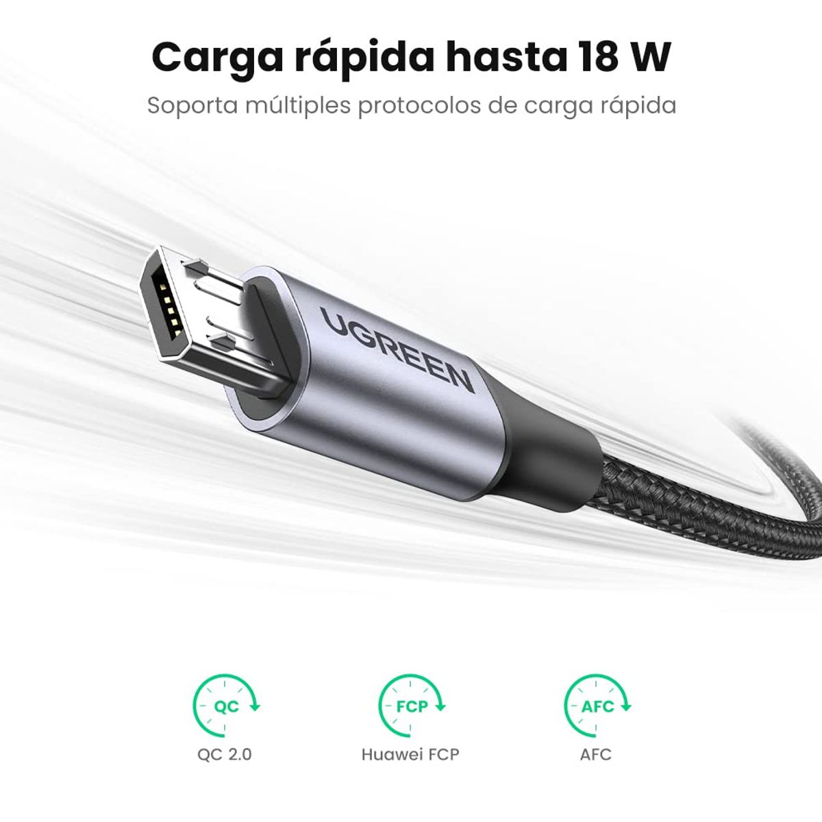Ugreen Cable USB-A a Micro USB de 1 Metro  Carga Rápida QC 3.0/2.0 hasta 18W  Nylon Trenzado y Alta Durabilidad