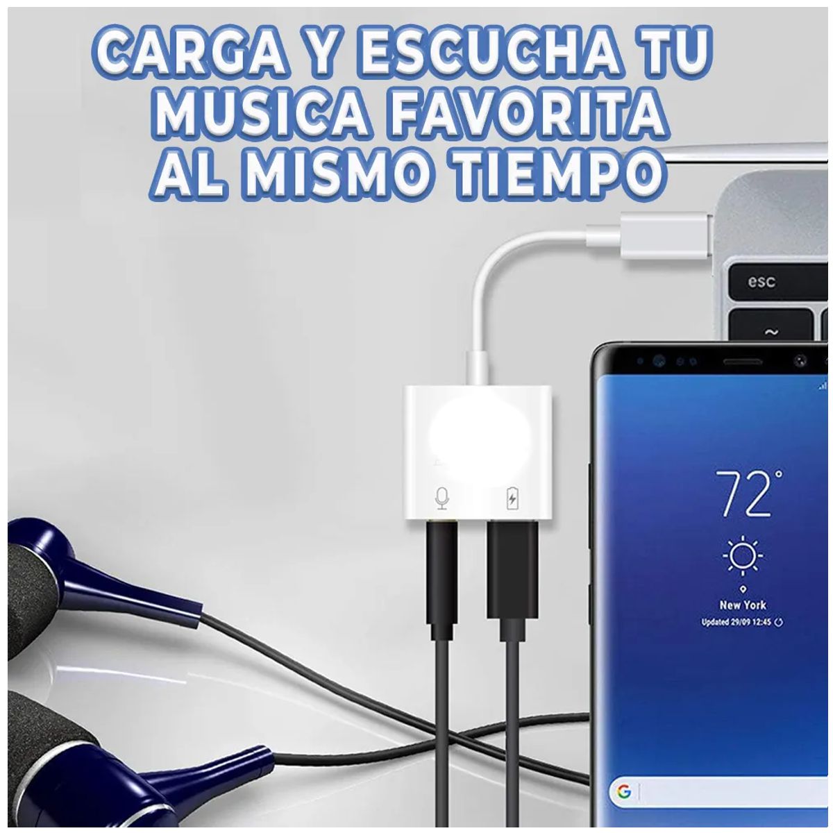 Cable Adaptador 2 en 1 Tipo C a Jack 3.5mm + Carga Simultánea  Conecta tus Audífonos y Mantén tu Smartphone Energizado