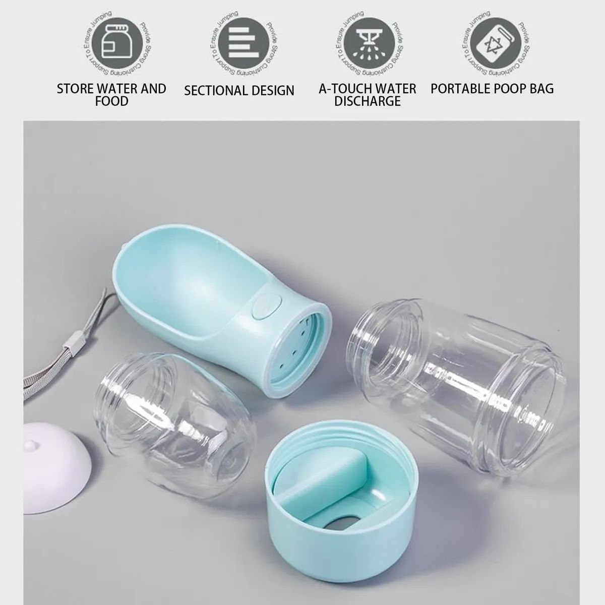 Botella Portátil 3 en 1 para Perros Agua Fresca, Plato Plegable y Porta Bolsas Ideal para Paseos y Viajes