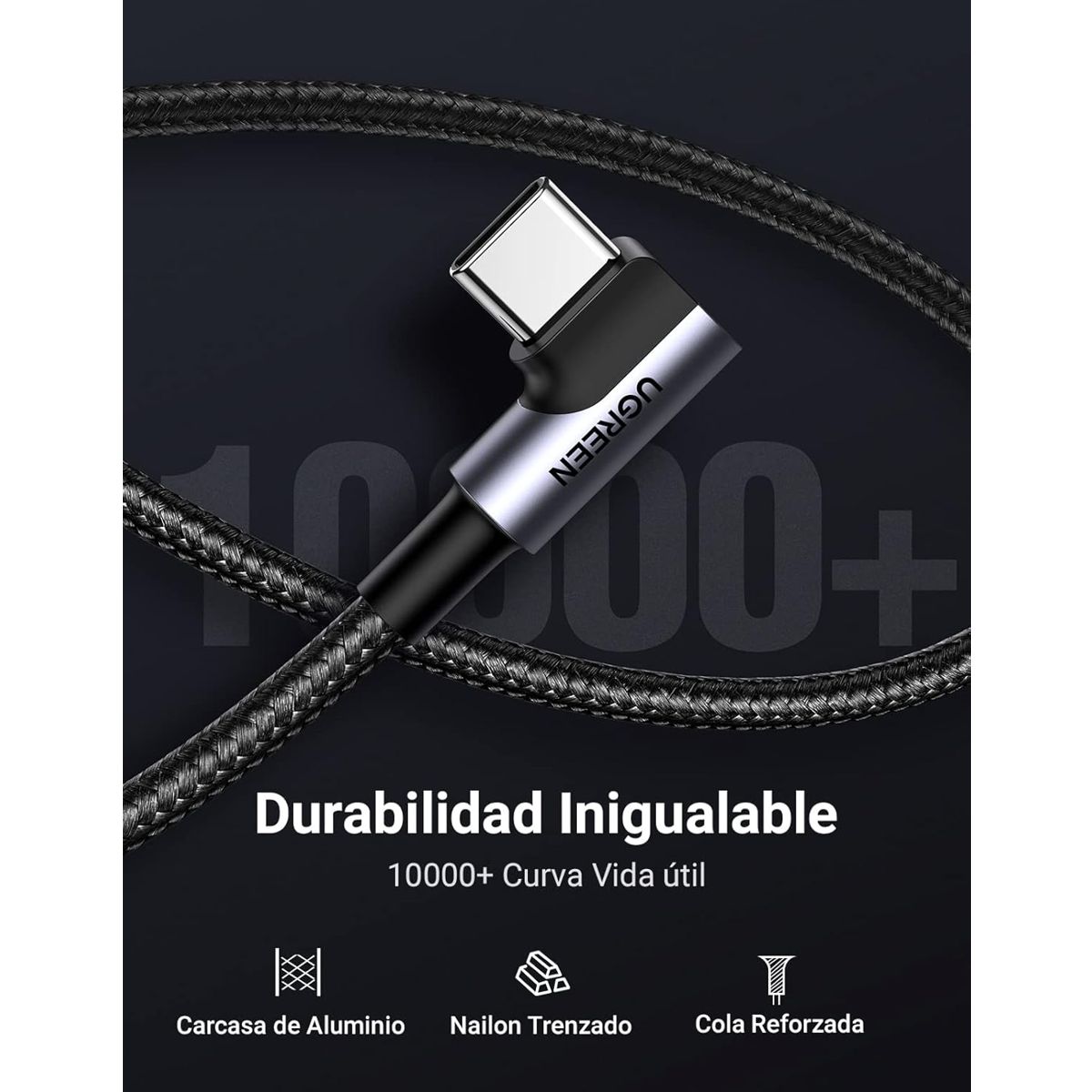 Ugreen Cable USB-A a USB-C de 2 Metros Conector en Ángulo Recto 90° Carga Rápida 60W y Transferencia de Datos