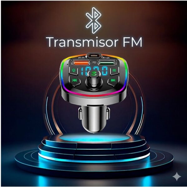 Transmisor FM Bluetooth 5.0 para Auto Con LED RGB y Carga Rápida