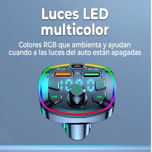 Transmisor FM Bluetooth 5.0 para Auto Con LED RGB y Carga Rápida