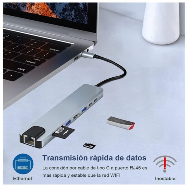 Hub USB 3.0 de Alta Velocidad  8 Puertos  Salida Tipo C - HDMI - ETHERNET