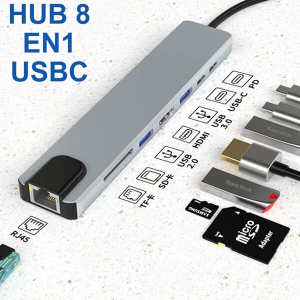 Hub USB 3.0 de Alta Velocidad  8 Puertos  Salida Tipo C - HDMI - ETHERNET